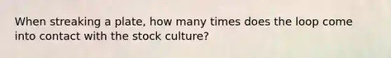 When streaking a plate, how many times does the loop come into contact with the stock culture?