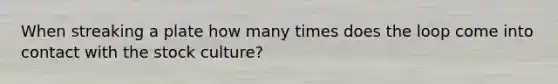 When streaking a plate how many times does the loop come into contact with the stock culture?