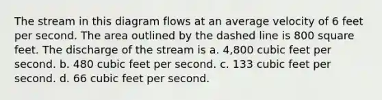 The stream in this diagram flows at an average velocity of 6 feet per second. The area outlined by the dashed line is 800 square feet. The discharge of the stream is a. 4,800 cubic feet per second. b. 480 cubic feet per second. c. 133 cubic feet per second. d. 66 cubic feet per second.