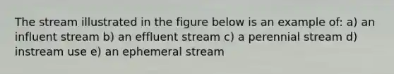 The stream illustrated in the figure below is an example of: a) an influent stream b) an effluent stream c) a perennial stream d) instream use e) an ephemeral stream