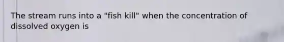The stream runs into a "fish kill" when the concentration of dissolved oxygen is