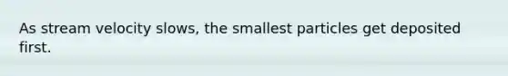 As stream velocity slows, the smallest particles get deposited first.