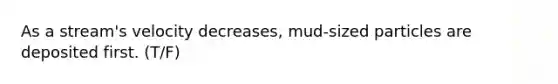 As a stream's velocity decreases, mud-sized particles are deposited first. (T/F)