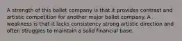 A strength of this ballet company is that it provides contrast and artistic competition for another major ballet company. A weakness is that it lacks consistency strong artistic direction and often struggles to maintain a solid financial base.