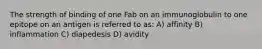 The strength of binding of one Fab on an immunoglobulin to one epitope on an antigen is referred to as: A) affinity B) inflammation C) diapedesis D) avidity