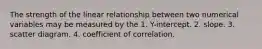 The strength of the linear relationship between two numerical variables may be measured by the 1. Y-intercept. 2. slope. 3. scatter diagram. 4. coefficient of correlation.