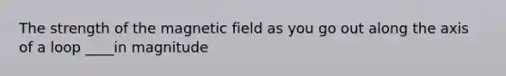 The strength of the magnetic field as you go out along the axis of a loop ____in magnitude