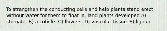 To strengthen the conducting cells and help plants stand erect without water for them to float in, land plants developed A) stomata. B) a cuticle. C) flowers. D) vascular tissue. E) lignan.