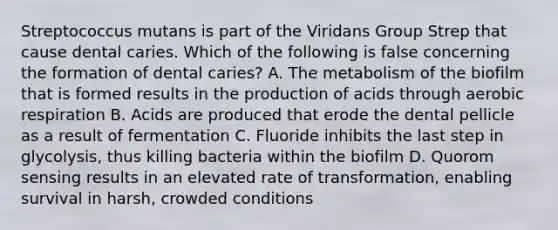 Streptococcus mutans is part of the Viridans Group Strep that cause dental caries. Which of the following is false concerning the formation of dental caries? A. The metabolism of the biofilm that is formed results in the production of acids through aerobic respiration B. Acids are produced that erode the dental pellicle as a result of fermentation C. Fluoride inhibits the last step in glycolysis, thus killing bacteria within the biofilm D. Quorom sensing results in an elevated rate of transformation, enabling survival in harsh, crowded conditions