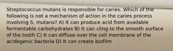 Streptococcus mutans is responsible for caries. Which of the following is not a mechanism of action in the caries process involving S. mutans? A) It can produce acid from available fermentable carbohydrates B) It can cling to the smooth surface of the tooth C) It can diffuse over the cell membrane of the acidogenic bacteria D) It can create biofilm