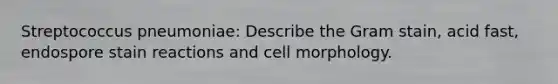 Streptococcus pneumoniae: Describe the Gram stain, acid fast, endospore stain reactions and cell morphology.