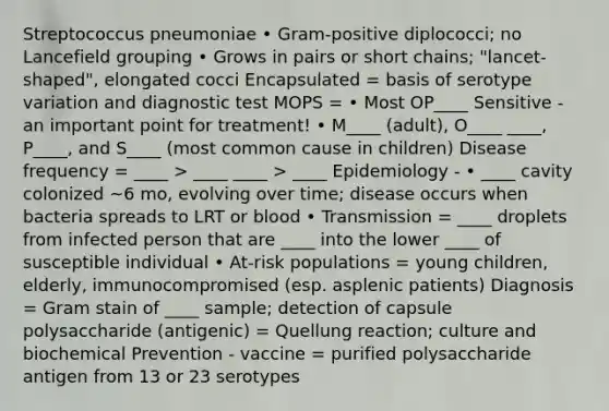 Streptococcus pneumoniae • Gram-positive diplococci; no Lancefield grouping • Grows in pairs or short chains; "lancet-shaped", elongated cocci Encapsulated = basis of serotype variation and diagnostic test MOPS = • Most OP____ Sensitive - an important point for treatment! • M____ (adult), O____ ____, P____, and S____ (most common cause in children) Disease frequency = ____ > ____ ____ > ____ Epidemiology - • ____ cavity colonized ~6 mo, evolving over time; disease occurs when bacteria spreads to LRT or blood • Transmission = ____ droplets from infected person that are ____ into the lower ____ of susceptible individual • At-risk populations = young children, elderly, immunocompromised (esp. asplenic patients) Diagnosis = Gram stain of ____ sample; detection of capsule polysaccharide (antigenic) = Quellung reaction; culture and biochemical Prevention - vaccine = purified polysaccharide antigen from 13 or 23 serotypes