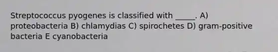 Streptococcus pyogenes is classified with _____. A) proteobacteria B) chlamydias C) spirochetes D) <a href='https://www.questionai.com/knowledge/k655c73HRG-gram-positive-bacteria' class='anchor-knowledge'>gram-positive bacteria</a> E cyanobacteria