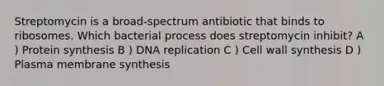 Streptomycin is a broad-spectrum antibiotic that binds to ribosomes. Which bacterial process does streptomycin inhibit? A ) Protein synthesis B ) DNA replication C ) Cell wall synthesis D ) Plasma membrane synthesis