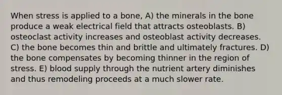 When stress is applied to a bone, A) the minerals in the bone produce a weak electrical field that attracts osteoblasts. B) osteoclast activity increases and osteoblast activity decreases. C) the bone becomes thin and brittle and ultimately fractures. D) the bone compensates by becoming thinner in the region of stress. E) blood supply through the nutrient artery diminishes and thus remodeling proceeds at a much slower rate.