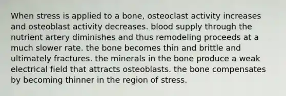 When stress is applied to a bone, osteoclast activity increases and osteoblast activity decreases. blood supply through the nutrient artery diminishes and thus remodeling proceeds at a much slower rate. the bone becomes thin and brittle and ultimately fractures. the minerals in the bone produce a weak electrical field that attracts osteoblasts. the bone compensates by becoming thinner in the region of stress.