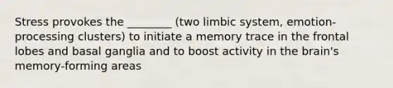 Stress provokes the ________ (two limbic system, emotion-processing clusters) to initiate a memory trace in the frontal lobes and basal ganglia and to boost activity in the brain's memory-forming areas