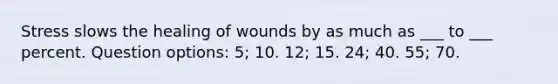 Stress slows the healing of wounds by as much as ___ to ___ percent. Question options: 5; 10. 12; 15. 24; 40. 55; 70.