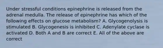 Under stressful conditions epinephrine is released from the adrenal medulla. The release of epinephrine has which of the following effects on glucose metabolism? A. Glycogenolysis is stimulated B. Glycogenesis is inhibited C. Adenylate cyclase is activated D. Both A and B are correct E. All of the above are correct