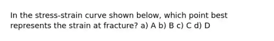 In the stress-strain curve shown below, which point best represents the strain at fracture? a) A b) B c) C d) D