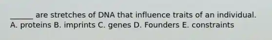 ______ are stretches of DNA that influence traits of an individual. A. proteins B. imprints C. genes D. Founders E. constraints