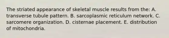 The striated appearance of skeletal muscle results from the: A. transverse tubule pattern. B. sarcoplasmic reticulum network. C. sarcomere organization. D. cisternae placement. E. distribution of mitochondria.