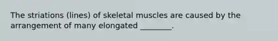 The striations (lines) of skeletal muscles are caused by the arrangement of many elongated ________.