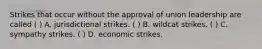 Strikes that occur without the approval of union leadership are called ( ) A. jurisdictional strikes. ( ) B. wildcat strikes. ( ) C. sympathy strikes. ( ) D. economic strikes.