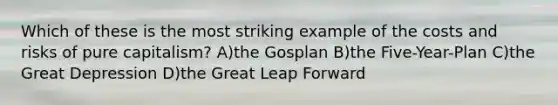 Which of these is the most striking example of the costs and risks of pure capitalism? A)the Gosplan B)the Five-Year-Plan C)the Great Depression D)the Great Leap Forward