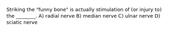 Striking the "funny bone" is actually stimulation of (or injury to) the ________. A) radial nerve B) median nerve C) ulnar nerve D) sciatic nerve