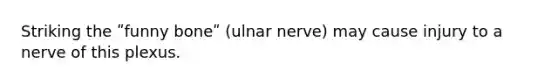 Striking the ʺfunny boneʺ (ulnar nerve) may cause injury to a nerve of this plexus.