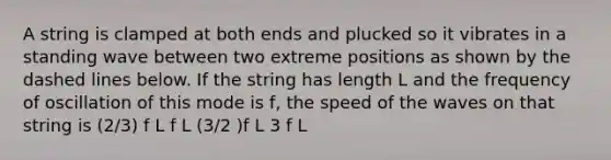 A string is clamped at both ends and plucked so it vibrates in a standing wave between two extreme positions as shown by the dashed lines below. If the string has length L and the frequency of oscillation of this mode is f, the speed of the waves on that string is (2/3) f L f L (3/2 )f L 3 f L