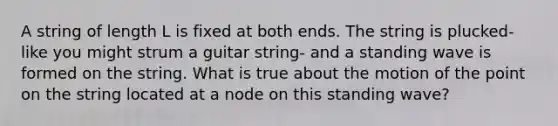 A string of length L is fixed at both ends. The string is plucked- like you might strum a guitar string- and a standing wave is formed on the string. What is true about the motion of the point on the string located at a node on this standing wave?