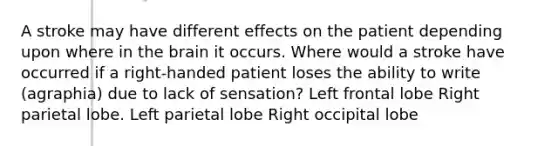 A stroke may have different effects on the patient depending upon where in the brain it occurs. Where would a stroke have occurred if a right-handed patient loses the ability to write (agraphia) due to lack of sensation? Left frontal lobe Right parietal lobe. Left parietal lobe Right occipital lobe