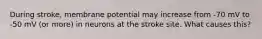 During stroke, membrane potential may increase from -70 mV to -50 mV (or more) in neurons at the stroke site. What causes this?