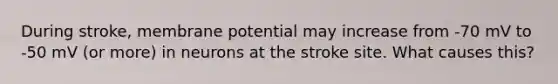 During stroke, membrane potential may increase from -70 mV to -50 mV (or more) in neurons at the stroke site. What causes this?