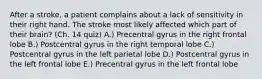 After a stroke, a patient complains about a lack of sensitivity in their right hand. The stroke most likely affected which part of their brain? (Ch. 14 quiz) A.) Precentral gyrus in the right frontal lobe B.) Postcentral gyrus in the right temporal lobe C.) Postcentral gyrus in the left parietal lobe D.) Postcentral gyrus in the left frontal lobe E.) Precentral gyrus in the left frontal lobe