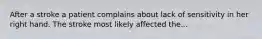 After a stroke a patient complains about lack of sensitivity in her right hand. The stroke most likely affected the...