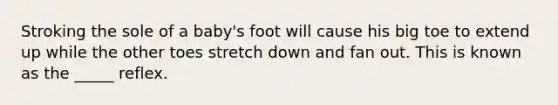 Stroking the sole of a baby's foot will cause his big toe to extend up while the other toes stretch down and fan out. This is known as the _____ reflex.