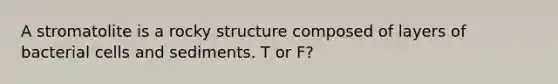 A stromatolite is a rocky structure composed of layers of bacterial cells and sediments. T or F?