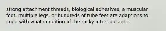 strong attachment threads, biological adhesives, a muscular foot, multiple legs, or hundreds of tube feet are adaptions to cope with what condition of the rocky intertidal zone