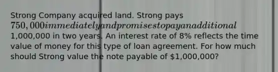 Strong Company acquired land. Strong pays 750,000 immediately and promises to pay an additional1,000,000 in two years. An interest rate of 8% reflects the time value of money for this type of loan agreement. For how much should Strong value the note payable of 1,000,000?