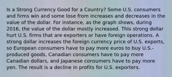 Is a Strong Currency Good for a Country? Some U.S. consumers and firms win and some lose from increases and decreases in the value of the dollar. For instance, as the graph shows, during 2016, the value of the dollar mostly increased. This strong dollar hurt U.S. firms that are exporters or have foreign operations. A strong dollar increases the foreign currency price of U.S. exports, so European consumers have to pay more euros to buy U.S.-produced goods, Canadian consumers have to pay more Canadian dollars, and Japanese consumers have to pay more yen. The result is a decline in profits for U.S. exporters.