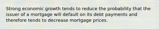 Strong economic growth tends to reduce the probability that the issuer of a mortgage will default on its debt payments and therefore tends to decrease mortgage prices.