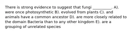 There is strong evidence to suggest that fungi __________. A). were once photosynthetic B). evolved from plants C). and animals have a common ancestor D). are more closely related to the domain Bacteria than to any other kingdom E). are a grouping of unrelated species