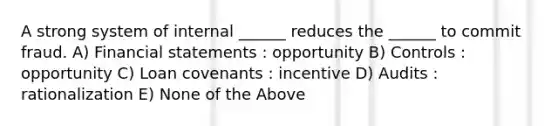 A strong system of internal ______ reduces the ______ to commit fraud. A) <a href='https://www.questionai.com/knowledge/kFBJaQCz4b-financial-statements' class='anchor-knowledge'>financial statements</a> : opportunity B) Controls : opportunity C) Loan covenants : incentive D) Audits : rationalization E) None of the Above