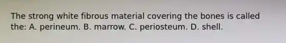 The strong white fibrous material covering the bones is called the: A. perineum. B. marrow. C. periosteum. D. shell.