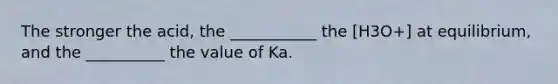 The stronger the acid, the ___________ the [H3O+] at equilibrium, and the __________ the value of Ka.