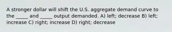 A stronger dollar will shift the U.S. aggregate demand curve to the _____ and _____ output demanded. A) left; decrease B) left; increase C) right; increase D) right; decrease