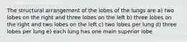 The structural arrangement of the lobes of the lungs are a) two lobes on the right and three lobes on the left b) three lobes on the right and two lobes on the left c) two lobes per lung d) three lobes per lung e) each lung has one main superior lobe